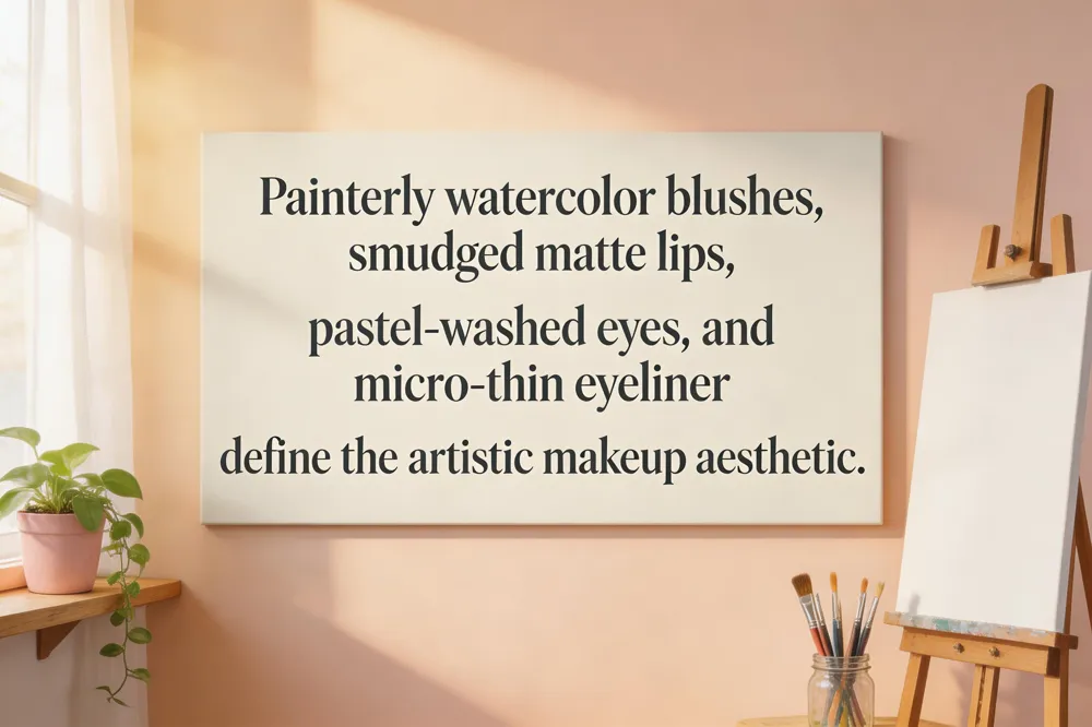 Painterly watercolor blushes, smudged matte lips, pastel‑washed eyes, and micro‑thin eyeliner define the artistic makeup aesthetic.