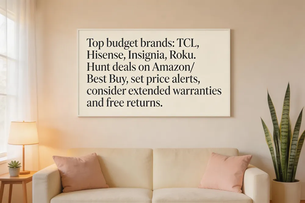 Top budget brands: TCL, Hisense, Insignia, Roku. Hunt deals on Amazon/Best Buy, set price alerts, consider extended warranties and free returns.
