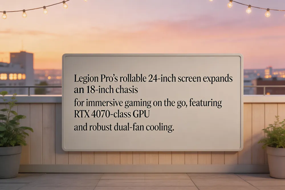 Legion Pro’s rollable 24‑inch screen expands an 18‑inch chassis for immersive gaming on the go, featuring RTX 4070‑class GPU and robust dual‑fan cooling.