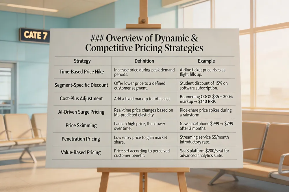 ### Overview of Dynamic & Competitive Pricing Strategies
| Strategy | Definition | Example |
|---|---|---|
| Time‑Based Price Hike | Increase price during peak demand periods. | Airline ticket price rises as flight fills up. |
| Segment‑Specific Discount | Offer lower price to a defined customer segment. | Student discount of 15% on software subscription. |
| Cost‑Plus Adjustment | Add a fixed markup to total cost. | Boomerang COGS $35 + 300% markup → $140 RRP. |
| AI‑Driven Surge Pricing | Real‑time price changes based on ML‑predicted elasticity. | Ride‑share price spikes during a rainstorm. |
| Price Skimming | Launch high price, then lower over time. | New smartphone $999 → $799 after 3 months. |
| Penetration Pricing | Low entry price to gain market share. | Streaming service $5/month introductory rate. |
| Value‑Based Pricing | Price set according to perceived customer benefit. | SaaS platform $200/seat for advanced analytics suite. |
