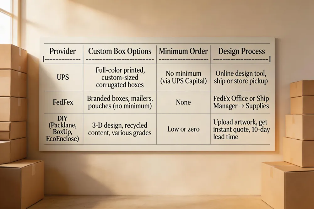 | Provider | Custom Box Options | Minimum Order | Design Process |
|----------|--------------------|---------------|----------------|
| UPS      | Full‑color printed, custom‑sized corrugated boxes | No minimum (via UPS Capital) | Online design tool, ship or store pickup |
| FedEx    | Branded boxes, mailers, pouches (no minimum) | None | FedEx Office or Ship Manager → Supplies |
| DIY (Packlane, BoxUp, EcoEnclose) | 3‑D design, recycled content, various grades | Low or zero | Upload artwork, get instant quote, 10‑day lead time |