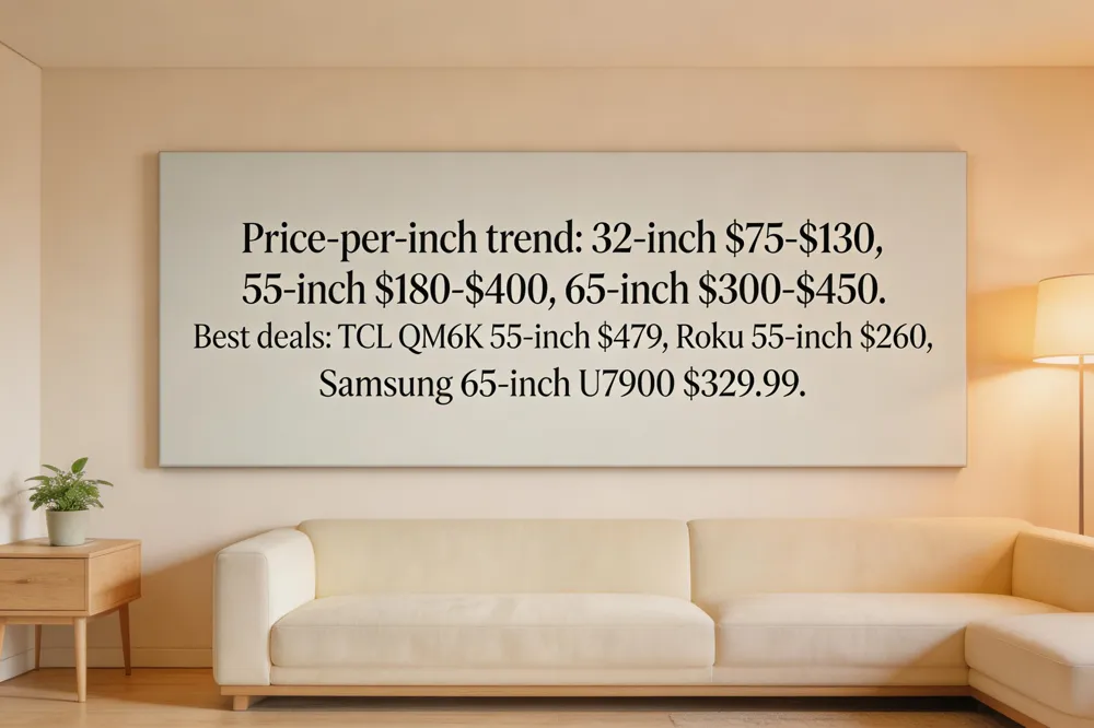Price‑per‑inch trend: 32‑inch $75‑$130, 55‑inch $180‑$400, 65‑inch $300‑$450. Best deals: TCL QM6K 55‑inch $479, Roku 55‑inch $260, Samsung 65‑inch U7900 $329.99.