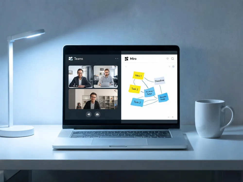 A screen split between a video conference in Microsoft Teams and a project board in Miro, with a laptop, mouse, and keyboard, depicting a collaborative software suite.