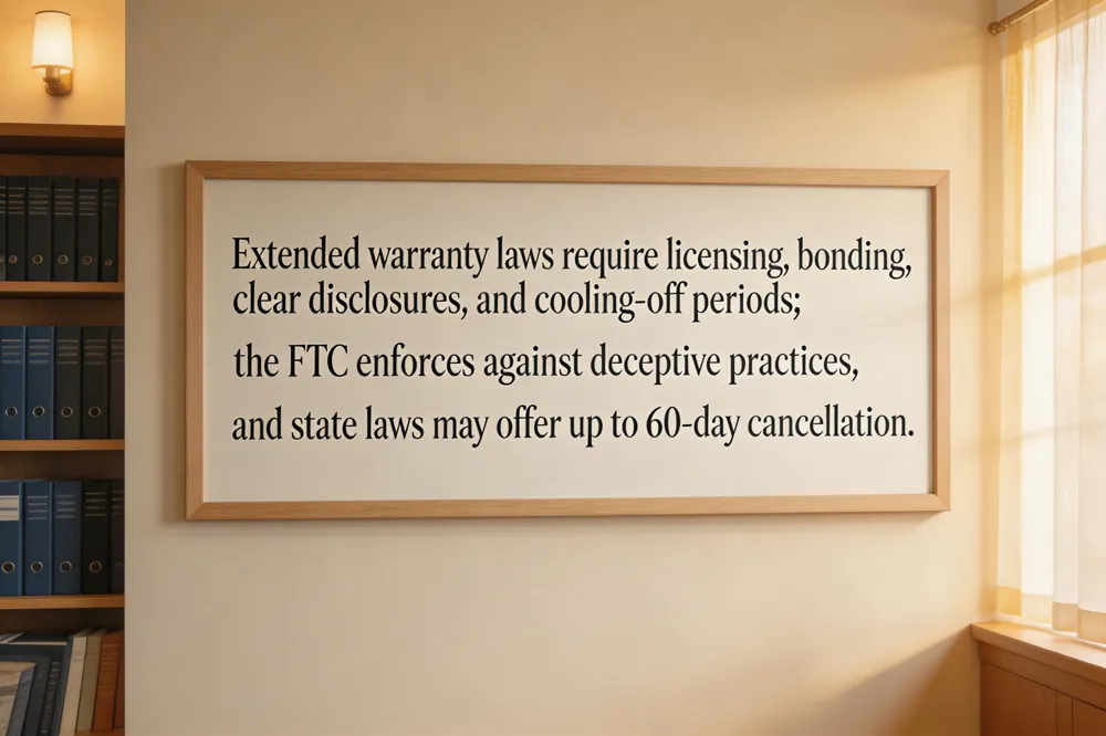 Extended warranty laws require licensing, bonding, clear disclosures, and cooling‑off periods; the FTC enforces against deceptive practices, and state laws may offer up to 60‑day cancellation.