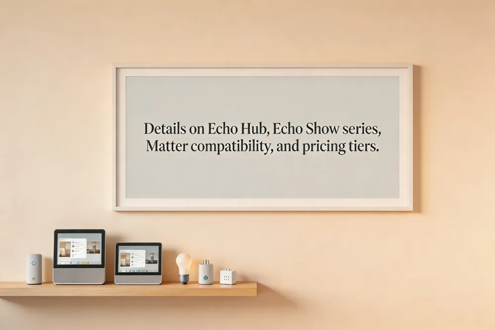 Details on Echo Hub, Echo Show series, Matter compatibility, and pricing tiers.
