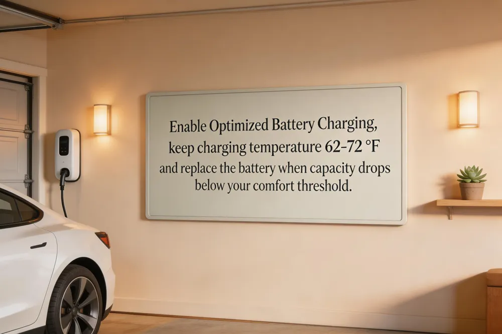 Enable Optimized Battery Charging, keep charging temperature 62‑72 °F, and replace the battery when capacity drops below your comfort threshold.