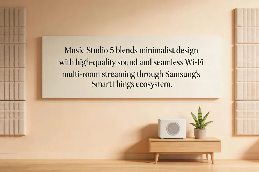 Music Studio 5 blends minimalist design with high‑quality sound and seamless Wi‑Fi multi‑room streaming through Samsung’s SmartThings ecosystem.