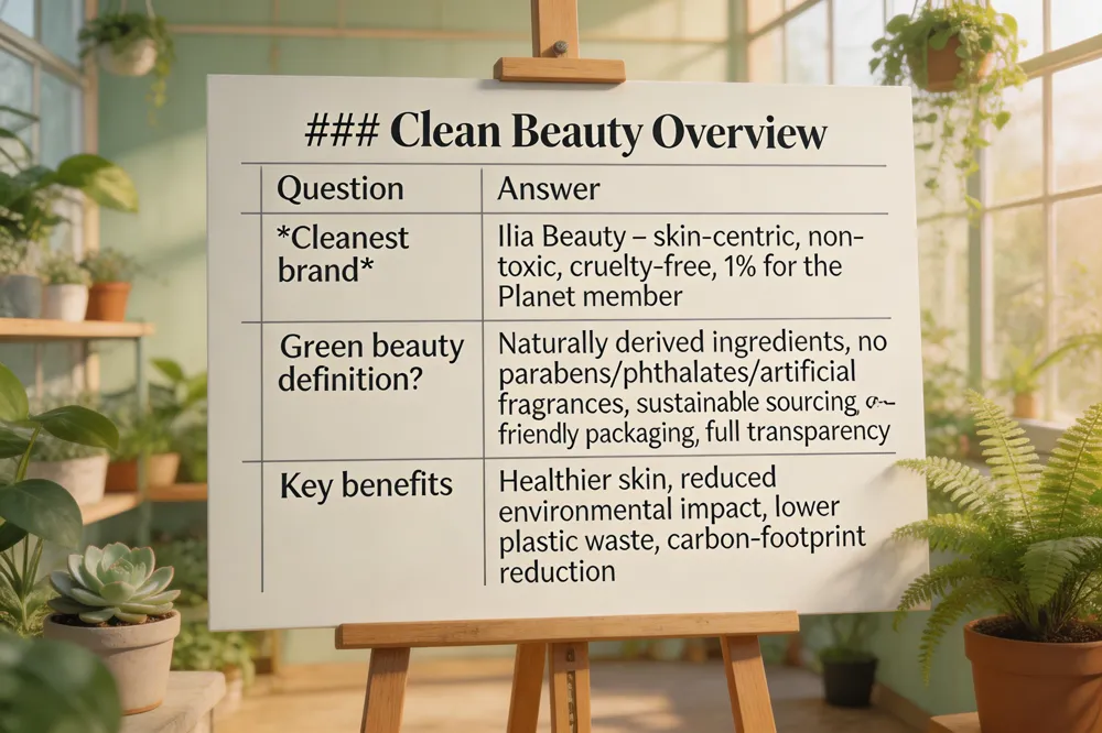 ### Clean Beauty Overview
| Question | Answer |
|---|---|
| Cleanest brand? | Ilia Beauty – skin‑centric, non‑toxic, cruelty‑free, 1 % for the Planet member |
| Green beauty definition? | Naturally derived ingredients, no parabens/phthalates/artificial fragrances, sustainable sourcing, eco‑friendly packaging, full transparency |
| Key benefits | Healthier skin, reduced environmental impact, lower plastic waste, carbon‑footprint reduction |
