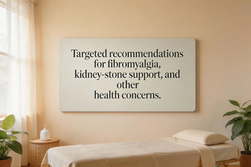Targeted recommendations for fibromyalgia, kidney‑stone support, and other health concerns.