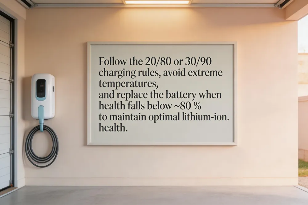 Follow the 20/80 or 30/90 charging rules, avoid extreme temperatures, and replace the battery when health falls below ~80 % to maintain optimal lithium‑ion health.