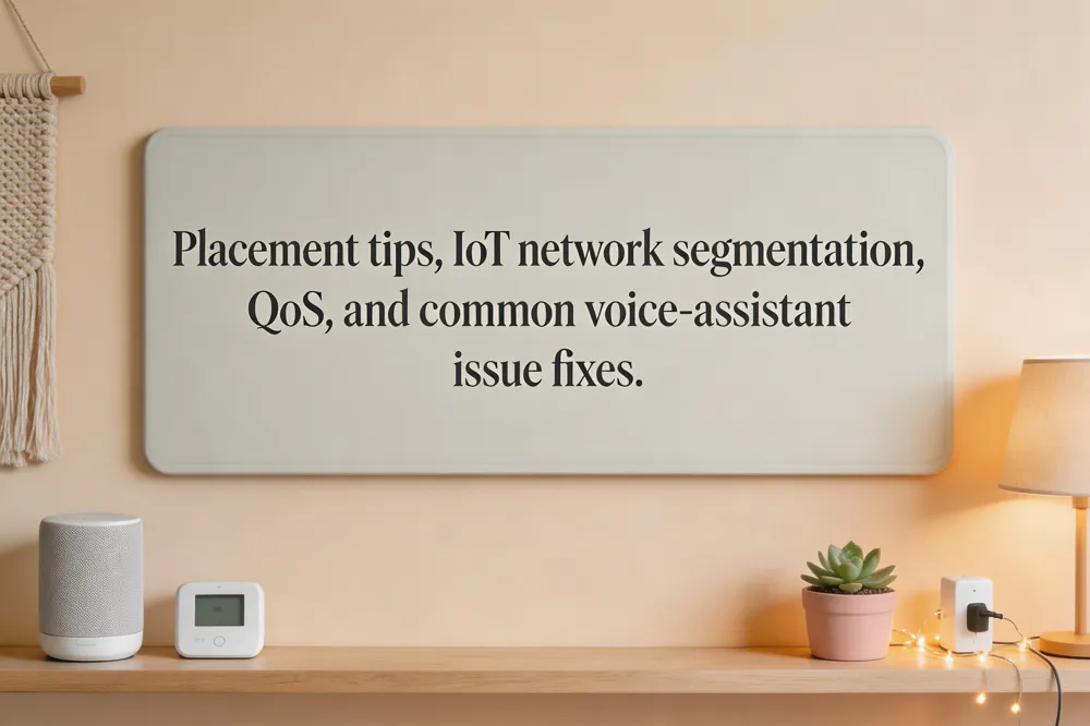 Placement tips, IoT network segmentation, QoS, and common voice‑assistant issue fixes.
