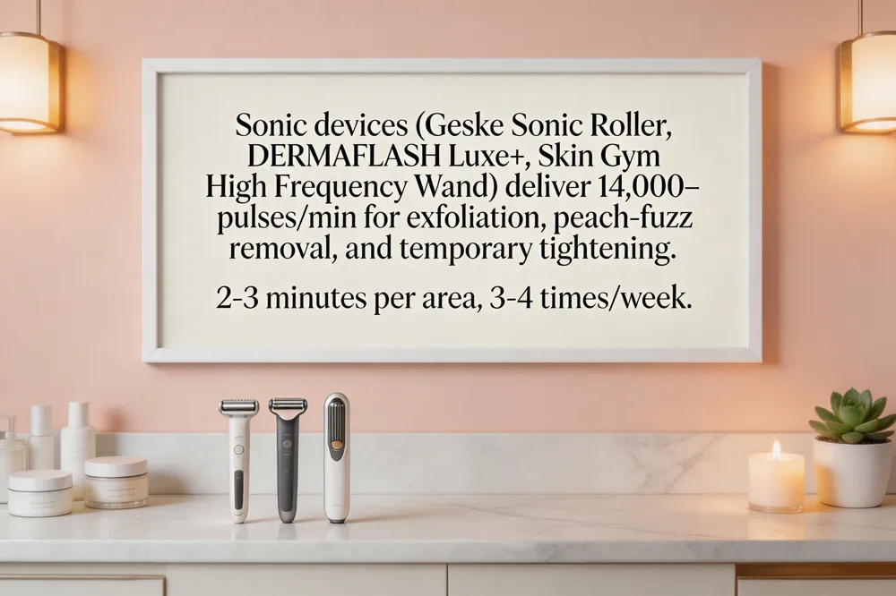Sonic devices (Geske Sonic Roller, DERMAFLASH Luxe+, Skin Gym High Frequency Wand) deliver 14,000‑pulses/min for exfoliation, peach‑fuzz removal, and temporary tightening. 2‑3 minutes per area, 3‑4 times/week.