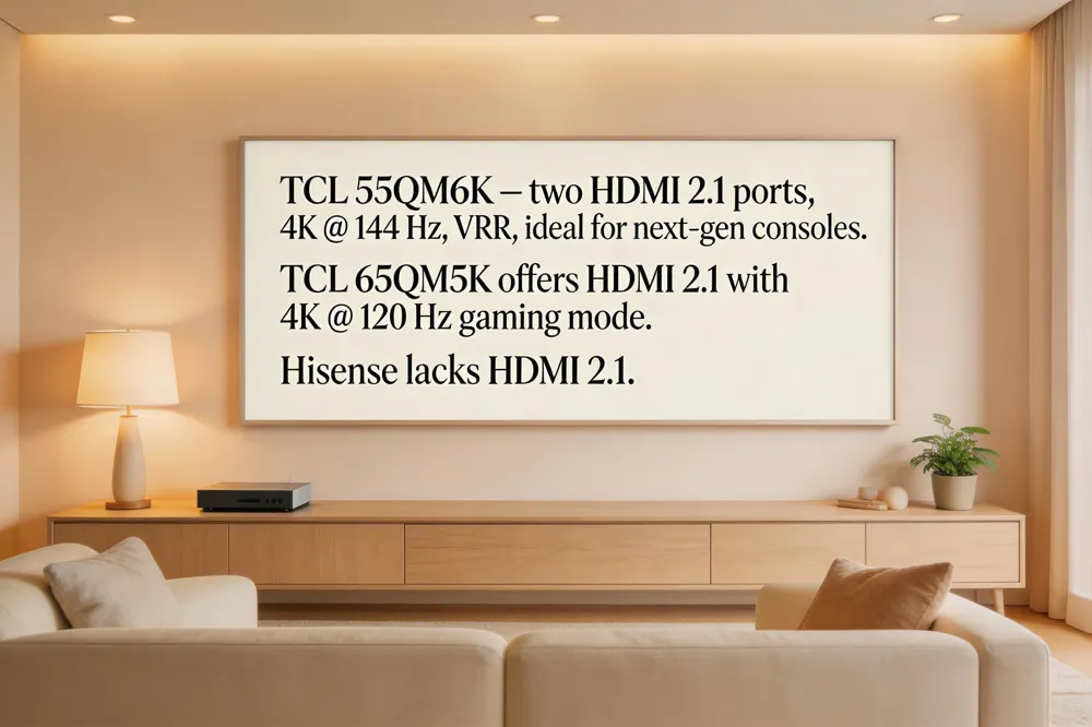 TCL 55QM6K – two HDMI 2.1 ports, 4K @ 144 Hz, VRR, ideal for next‑gen consoles. TCL 65QM5K offers HDMI 2.1 with 4K @ 120 Hz gaming mode. Hisense lacks HDMI 2.1.