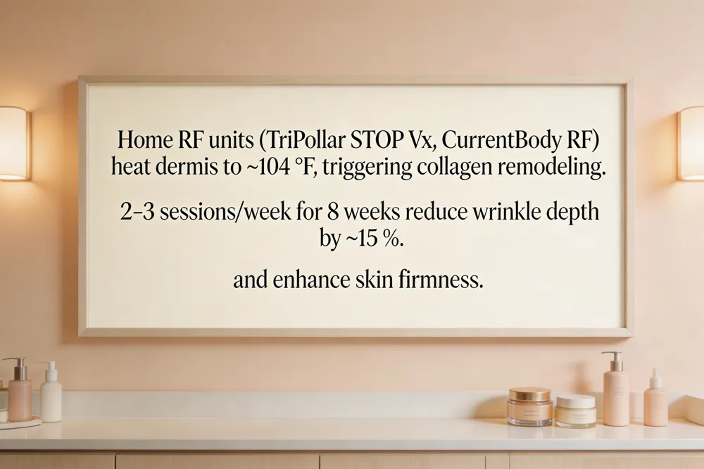 Home RF units (TriPollar STOP Vx, CurrentBody RF) heat dermis to ~104 °F, triggering collagen remodeling. 2‑3 sessions/week for 8 weeks reduce wrinkle depth by ~15 % and enhance skin firmness.
