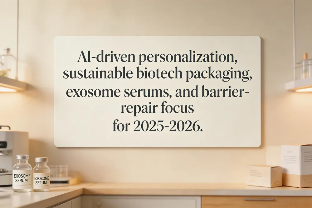 AI‑driven personalization, sustainable biotech packaging, exosome serums, and barrier‑repair focus for 2025‑2026.
