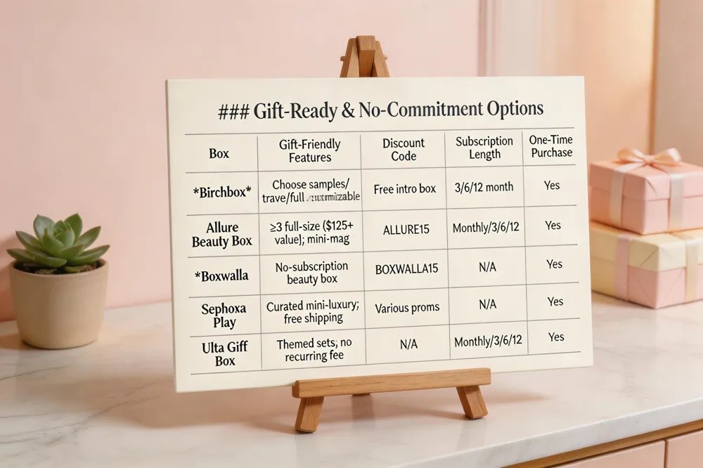 ### Gift‑Ready & No‑Commitment Options
| Box | Gift‑Friendly Features | Discount Code | Subscription Length Options | One‑Time Purchase |
|---|---|---|---|---|
| Birchbox | Recipient chooses samples, travel‑size or full‑size; customizable | Often offers free introductory box | 3‑month trial, 6‑month, 12‑month | Yes – single purchase boxes |
| Allure Beauty Box | Guarantees ≥3 full‑size, $125+ value; mini‑magazine | ALLURE15 | Monthly, 3‑month, 6‑month, 12‑month | Yes – single‑payment boxes (Sephora Insider, Ulta Gift Box, Boxwalla) |
| Boxwalla | “Beauty Box Without Subscription” line | BOXWALLA15 | N/A (single purchase) | Yes – full‑size or premium kits |
| Sephora Play | Curated mini‑luxury items, free shipping | Various promo codes | Monthly, 3‑month, 6‑month | Yes – Sephora Insider Box |
| Ulta Gift Box | Pre‑selected themed sets, no recurring fee | N/A | N/A | Yes – one‑time gift box |
