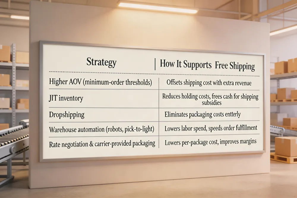 | Strategy | How It Supports Free Shipping |
|----------|------------------------------|
| Higher AOV (minimum‑order thresholds) | Offsets shipping cost with extra revenue |
| JIT inventory | Reduces holding costs, frees cash for shipping subsidies |
| Dropshipping | Eliminates packaging costs entirely |
| Warehouse automation (robots, pick‑to‑light) | Lowers labor spend, speeds order fulfillment |
| Rate negotiation &amp; carrier‑provided packaging | Lowers per‑package cost, improves margins |
