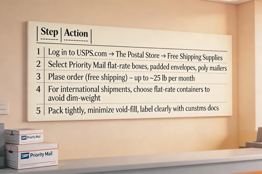 | Step | Action |
|------|--------|
| 1 | Log in to USPS.com → The Postal Store → Free Shipping Supplies |
| 2 | Select Priority Mail flat‑rate boxes, padded envelopes, poly mailers |
| 3 | Place order (free shipping) – up to ~25 lb per month |
| 4 | For international shipments, choose flat‑rate containers to avoid dim‑weight |
| 5 | Pack tightly, minimize void‑fill, label clearly with customs docs |
