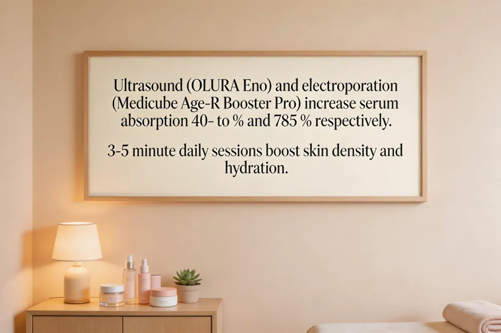 Ultrasound (OLURA Eno) and electroporation (Medicube Age‑R Booster Pro) increase serum absorption 40‑ to % and 785 % respectively. 3‑5 minute daily sessions boost skin density and hydration.