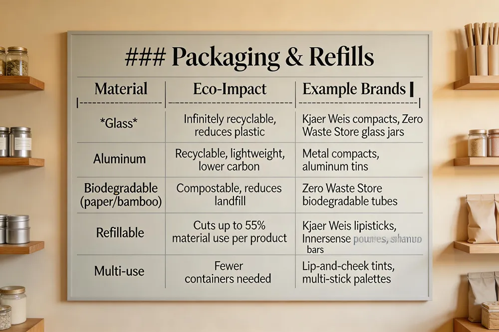 ### Packaging & Refills
| Material | Eco‑Impact | Example Brands |
|---|---|---|
| Glass | Infinitely recyclable, reduces plastic | Kjaer Weis compacts, Zero Waste Store glass jars |
| Aluminum | Recyclable, lightweight, lower carbon | Metal compacts, aluminum tins |
| Biodegradable (paper/bamboo) | Compostable, reduces landfill | Zero Waste Store biodegradable tubes |
| Refillable | Cuts up to 55 % material use per product | Kjaer Weis lipsticks, Innersense pouches, shampoo bars |
| Multi‑use | Fewer containers needed | Lip‑and‑cheek tints, multi‑stick palettes |
