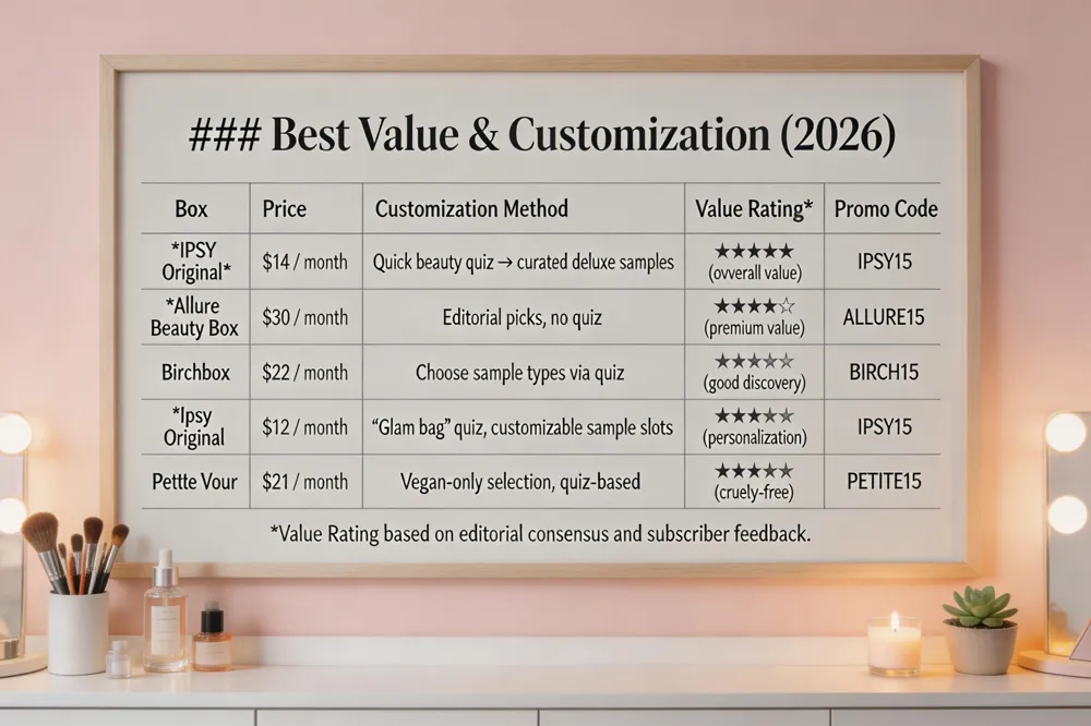 ### Best Value & Customization (2026)
| Box | Price | Customization Method | Value Rating* | Promo Code |
|---|---|---|---|---|
| IPSY Original | $14 / month | Quick beauty quiz → curated deluxe samples | ★★★★★ (overall value) | IPSY15 |
| Allure Beauty Box | $30 / month | Editorial picks, no quiz | ★★★★☆ (premium value) | ALLURE15 |
| Birchbox | $22 / month | Choose sample types via quiz | ★★★☆☆ (good discovery) | BIRCH15 |
| Ipsy Original | $12 / month | “Glam bag” quiz, customizable sample slots | ★★★★☆ (personalization) | IPSY15 |
| Petite Vour | $21 / month | Vegan‑only selection, quiz‑based | ★★★★☆ (cruelty‑free) | PETITE15 |
*Value Rating based on editorial consensus and subscriber feedback. 