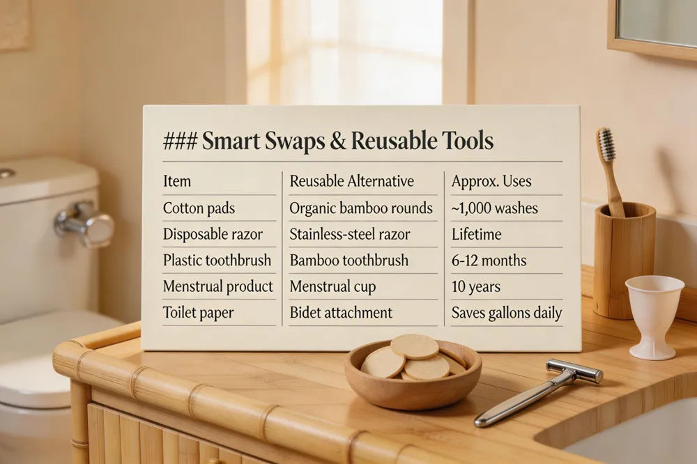 ### Smart Swaps & Reusable Tools
| Item | Reusable Alternative | Approx. Uses |
|---|---|---|
| Cotton pads | Organic bamboo rounds or charcoal pads | ~1,000 washes |
| Disposable razor | Stainless‑steel razor | Lifetime |
| Plastic toothbrush | Bamboo toothbrush | 6‑12 months |
| Menstrual product | Menstrual cup | 10 years |
| Toilet paper | Bidet attachment (e.g., Tushy Classic 3.0) | Saves gallons of water daily |
