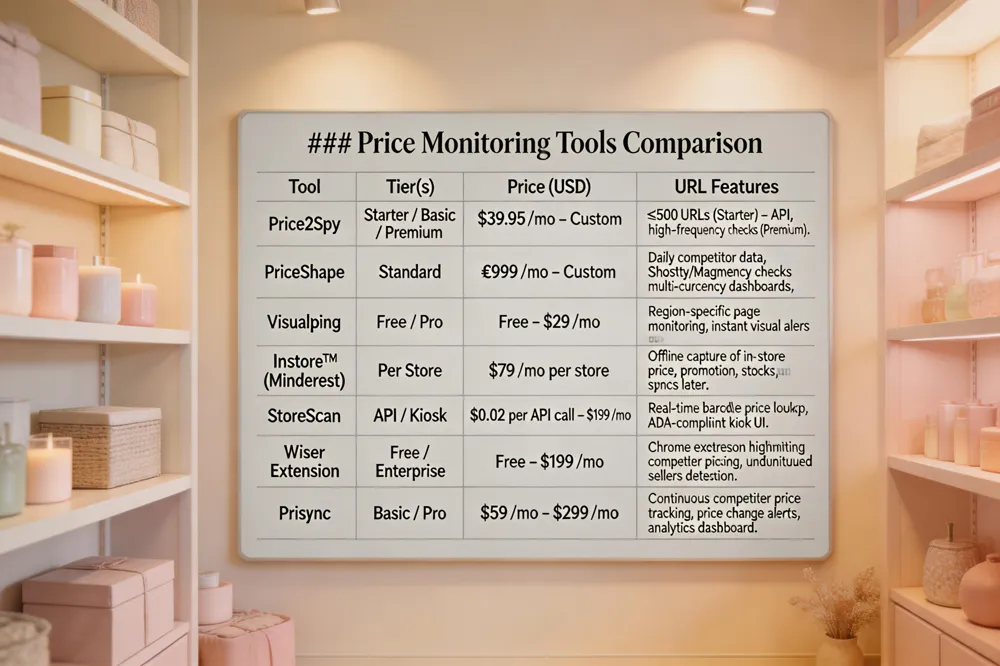 ### Price Monitoring Tools Comparison
| Tool | Tier(s) | Price (USD) | URL Features |
|---|---|---|---|
| Price2Spy | Starter / Basic / Premium | $39.95 /mo – Custom | ≤500 URLs (Starter) – API, high‑frequency checks (Premium). |
| PriceShape | Standard | €999 /mo – Custom | Daily competitor data, Shopify/Magento integration, multi‑currency dashboards. |
| Visualping | Free / Pro | Free – $29 /mo | Region‑specific page monitoring, instant visual alerts. |
| InStore™ (Minderest) | Per Store | $79 /mo per store | Offline capture of in‑store price, promotion, stock; syncs later. |
| StoreScan | API / Kiosk | $0.02 per API call – $199 /mo for kiosk | Real‑time barcode price lookup, ADA‑compliant kiosk UI. |
| Wiser Extension | Free / Enterprise | Free – $199 /mo | Chrome extension highlighting competitor pricing, unauthorized sellers detection. |
| Prisync | Basic / Pro | $59 /mo – $299 /mo | Continuous competitor price tracking, price change alerts, analytics dashboard. |
