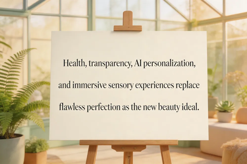 Health, transparency, AI personalization, and immersive sensory experiences replace flawless perfection as the new beauty ideal.