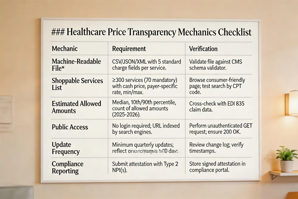 ### Healthcare Price Transparency Mechanics Checklist
| Mechanic | Requirement | Verification |
|---|---|---|
| Machine‑Readable File | CSV/JSON/XML with 5 standard charge fields per service. | Validate file against CMS schema validator. |
| Shoppable Services List | ≥300 services (70 mandatory) with cash price, payer‑specific rate, min/max. | Browse consumer‑friendly page; test search by CPT code. |
| Estimated Allowed Amounts | Median, 10th/90th percentile, count of allowed amounts (2025‑2026). | Cross‑check with EDI 835 claim data. |
| Public Access | No login required; URL indexed by search engines. | Perform unauthenticated GET request; ensure 200 OK. |
| Update Frequency | Minimum quarterly updates; reflect price changes within 30 days. | Review change log; verify timestamps. |
| Compliance Reporting | Submit attestation with Type 2 NPI(s). | Store signed attestation in compliance portal. |
