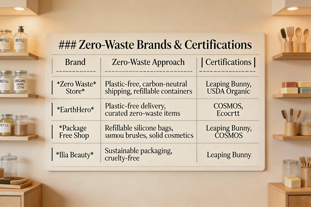 ### Zero‑Waste Brands & Certifications
| Brand | Zero‑Waste Approach | Certifications |
|---|---|---|
| Zero Waste Store | Plastic‑free, carbon‑neutral shipping, refillable containers | Leaping Bunny, USDA Organic |
| EarthHero | Plastic‑free delivery, curated zero‑waste items | COSMOS, Ecocert |
| Package Free Shop | Refillable silicone bags, bamboo brushes, solid cosmetics | Leaping Bunny, COSMOS |
| Ilia Beauty (mentioned) | Sustainable packaging, cruelty‑free | Leaping Bunny |
