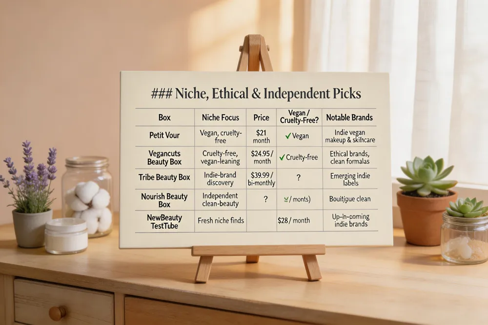 ### Niche, Ethical & Independent Picks
| Box | Niche Focus | Price | Vegan / Cruelty‑Free? | Notable Brands |
|---|---|---|---|---|
| Petit Vour | Vegan, cruelty‑free | $21 / month | ✅ Vegan | Indie vegan makeup & skincare |
| Vegancuts Beauty Box | Cruelty‑free, vegan‑leaning | $24.95 / month | ✅ Cruelty‑free | Ethical brands, clean formulas |
| Tribe Beauty Box | Indie‑brand discovery | $39.99 / bi‑monthly | ❓ (varies) | Emerging indie labels |
| Nourish Beauty Box | Independent clean‑beauty | $35 / month | ✅ (mostly) | Boutique clean brands |
| NewBeauty TestTube | Fresh niche finds | $28 / month | ❓ | Up‑and‑coming indie brands |
