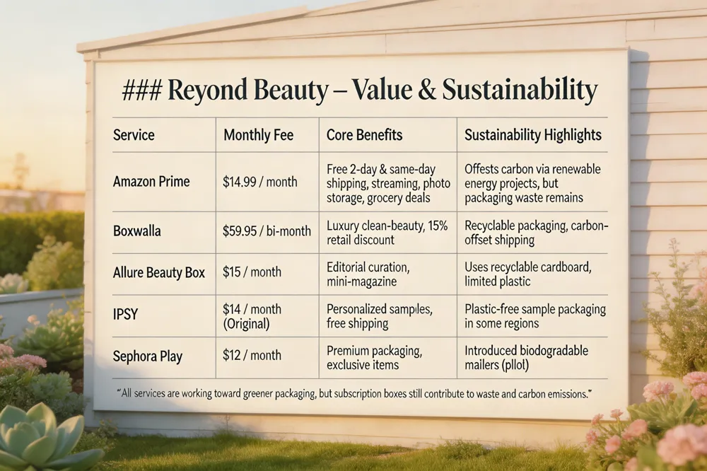 ### Beyond Beauty – Value & Sustainability
| Service | Monthly Fee | Core Benefits | Sustainability Highlights |
|---|---|---|---|
| Amazon Prime | $14.99 / month | Free 2‑day & same‑day shipping, streaming, photo storage, grocery deals | Offsets carbon via renewable energy projects, but packaging waste remains |
| Boxwalla | $59.95 / bi‑month | Luxury clean‑beauty, 15 % retail discount | Recyclable packaging, carbon‑offset shipping |
| Allure Beauty Box | $15 / month | Editorial curation, mini‑magazine | Uses recyclable cardboard, limited plastic |
| IPSY | $14 / month (Original) | Personalized samples, free shipping | Plastic‑free sample packaging in some regions |
| Sephora Play | $12 / month | Premium packaging, exclusive items | Introduced biodegradable mailers (pilot) |
*All services are working toward greener packaging, but subscription boxes still contribute to waste and carbon emissions. 