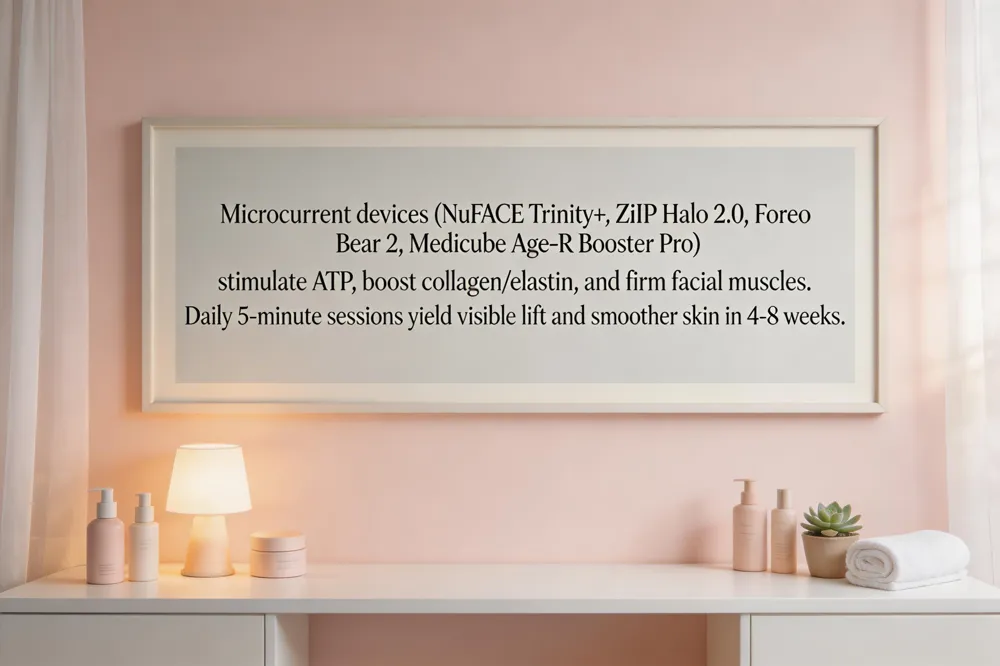 Microcurrent devices (NuFACE Trinity+, ZiIP Halo 2.0, Foreo Bear 2, Medicube Age‑R Booster Pro) stimulate ATP, boost collagen/elastin, and firm facial muscles. Daily 5‑minute sessions yield visible lift and smoother skin in 4‑8 weeks.