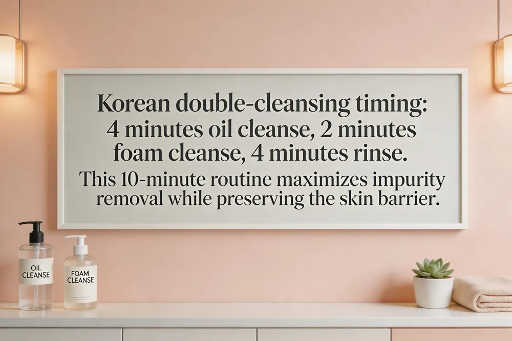 Korean double‑cleansing timing: 4 minutes oil cleanse, 2 minutes foam cleanse, 4 minutes rinse. This 10‑minute routine maximizes impurity removal while preserving the skin barrier.
