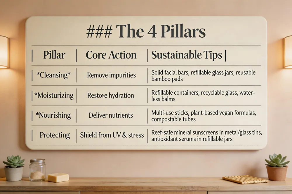 ### The 4 Pillars
| Pillar | Core Action | Sustainable Tips |
|---|---|---|
| Cleansing | Remove impurities | Solid facial bars, refillable glass jars, reusable cotton rounds or bamboo remover pads |
| Moisturizing | Restore hydration | Refillable containers (Kjaer Weis, Innersense), recyclable glass, water‑less balms |
| Nourishing | Deliver nutrients | Multi‑use sticks, plant‑based vegan formulas, compostable/biodegradable tubes |
| Protecting | Shield from UV & stress | Reef‑safe mineral sunscreens in metal/glass tins, antioxidant serums in refillable jars |
