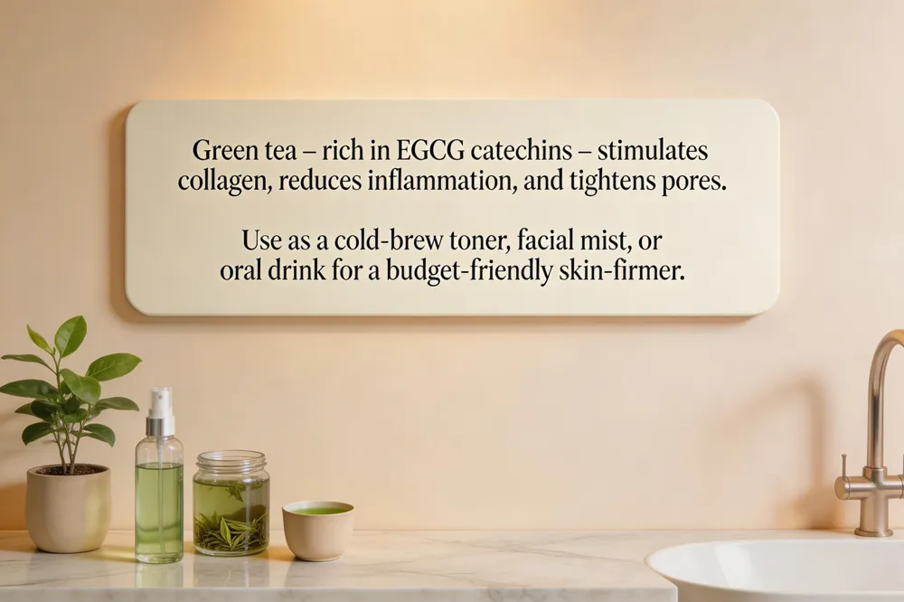 Green tea – rich in EGCG catechins – stimulates collagen, reduces inflammation, and tightens pores. Use as a cold‑brew toner, facial mist, or oral drink for a budget‑friendly skin‑firmer.