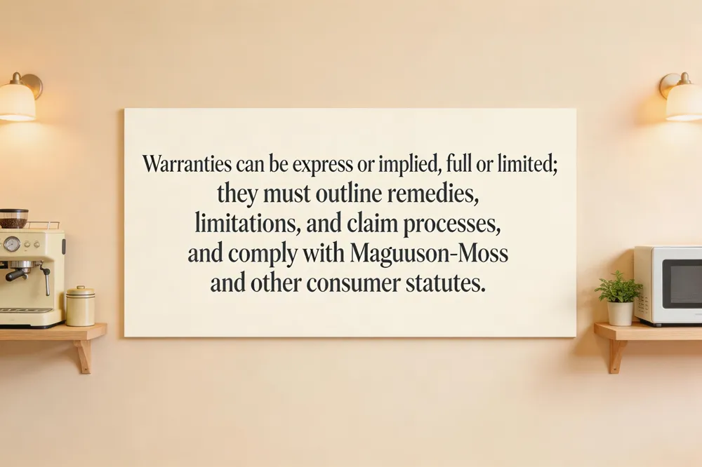 Warranties can be express or implied, full or limited; they must outline remedies, limitations, and claim processes, and comply with Magnuson‑Moss and other consumer statutes.