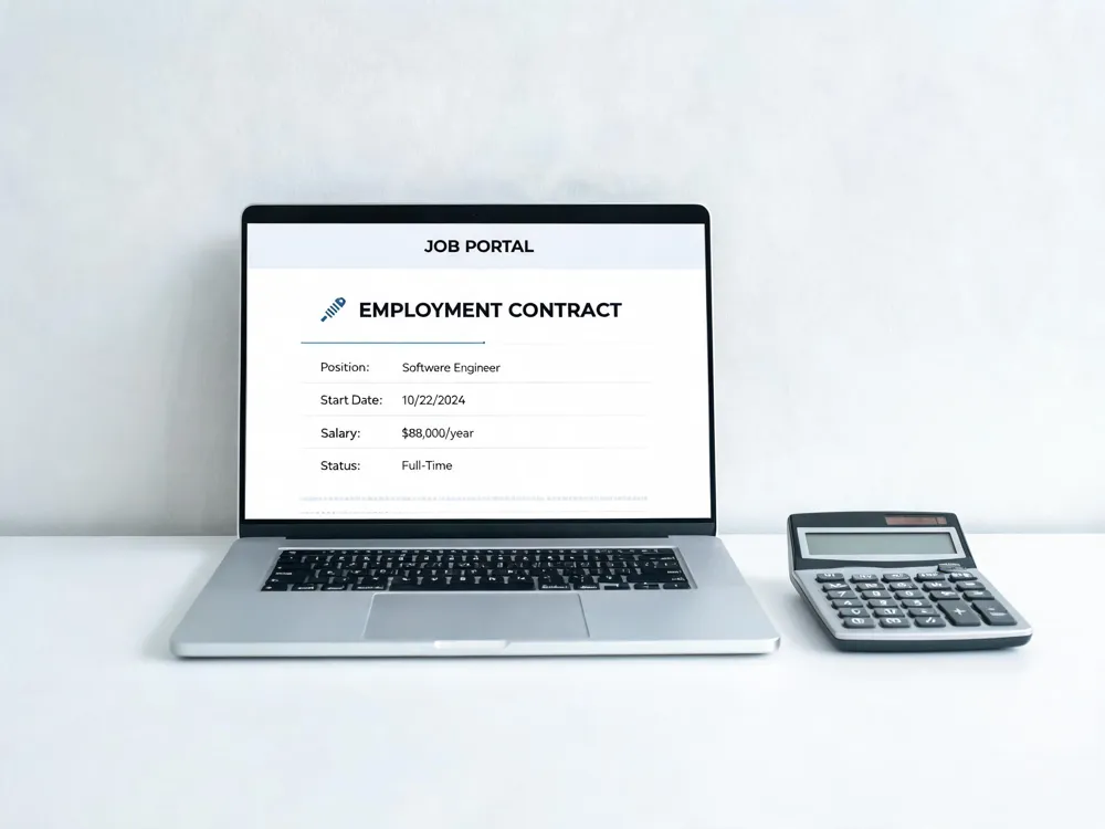 A laptop displaying a job‑search portal, a digital contract on screen, and a calculator, representing tools for remote income growth.