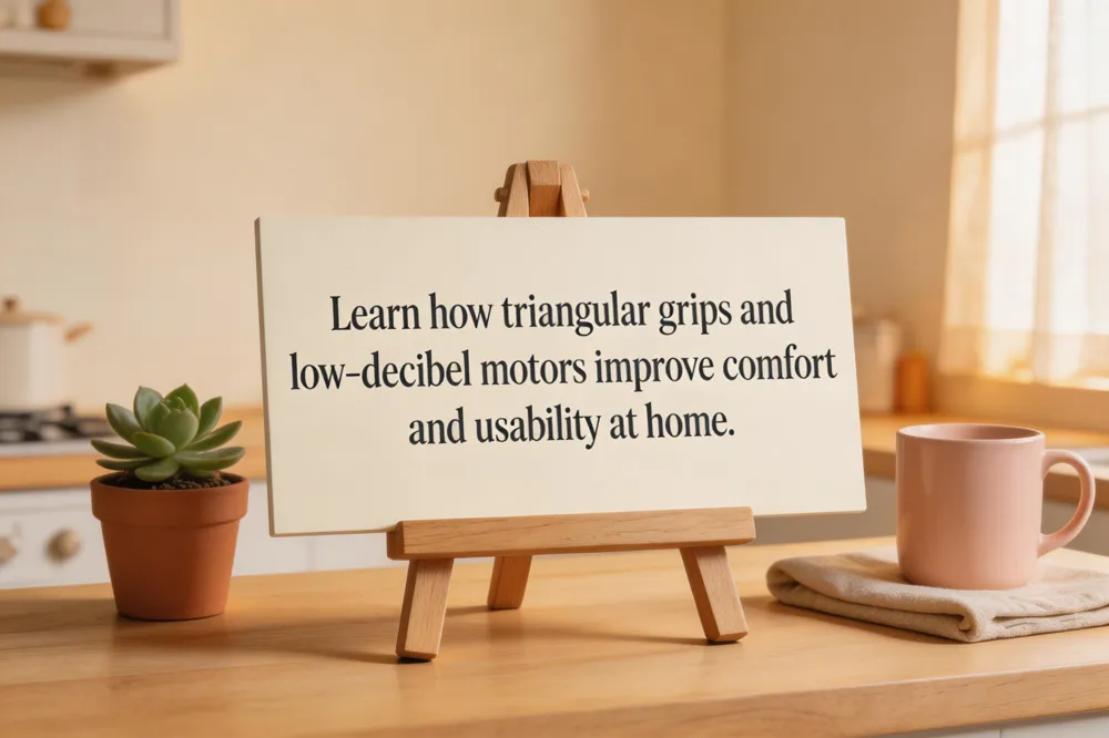 Learn how triangular grips and low‑decibel motors improve comfort and usability at home.