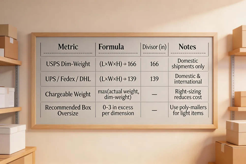 | Metric | Formula | Divisor (in) | Notes |
|--------|---------|--------------|-------|
| USPS Dim‑Weight | (L × W × H) ÷ 166 | 166 | Domestic shipments only |
| UPS / FedEx / DHL Dim‑Weight | (L × W × H) ÷ 139 | 139 | Both domestic &amp; international |
| Chargeable Weight | max(actual weight, dim‑weight) | — | Right‑sizing reduces cost |
| Recommended Box Oversize | 0‑3 in excess per dimension | — | Use poly‑mailers for light items |