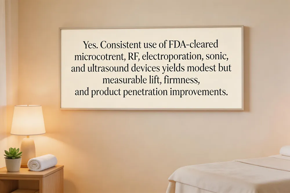 Yes. Consistent use of FDA‑cleared microcurrent, RF, electroporation, sonic, and ultrasound devices yields modest but measurable lift, firmness, and product penetration improvements.