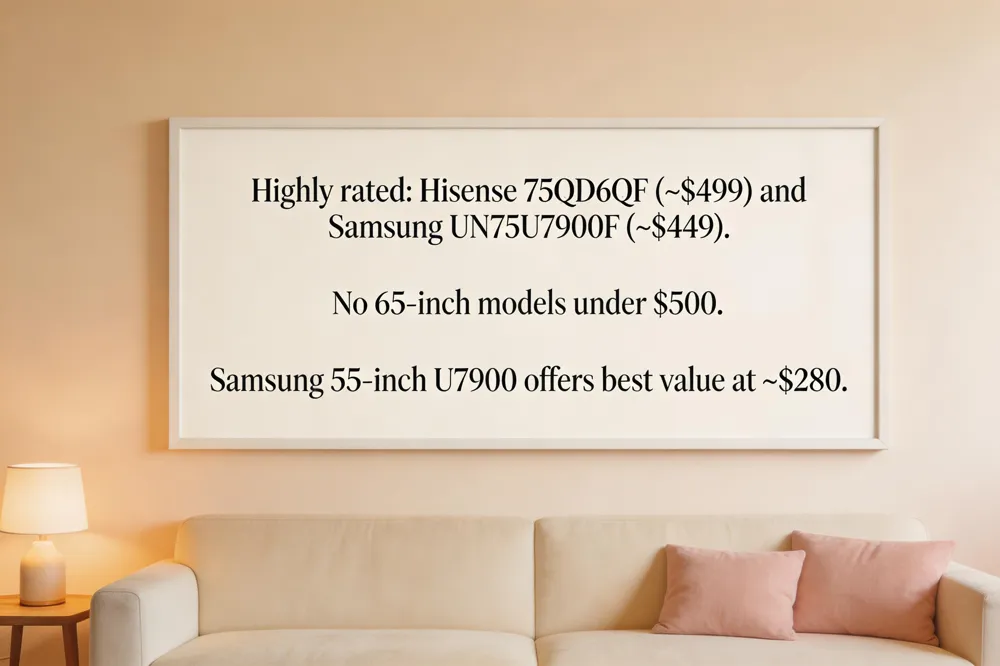 Highly rated: Hisense 75QD6QF (~$499) and Samsung UN75U7900F (~$449). No 65‑inch models under $500. Samsung 55‑inch U7900 offers best value at ~$280.