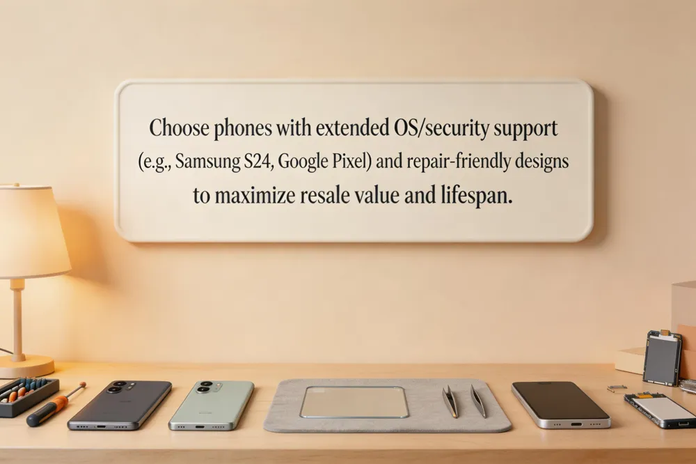 Choose phones with extended OS/security support (e.g., Samsung S24, Google Pixel) and repair‑friendly designs to maximize resale value and lifespan.