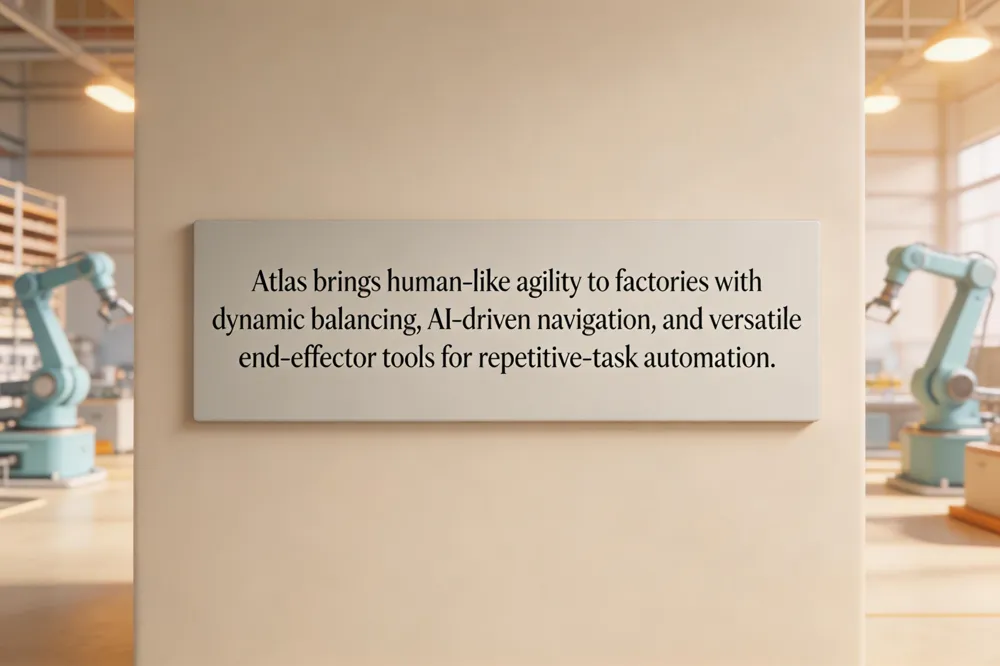 Atlas brings human‑like agility to factories with dynamic balancing, AI‑driven navigation, and versatile end‑effector tools for repetitive‑task automation.