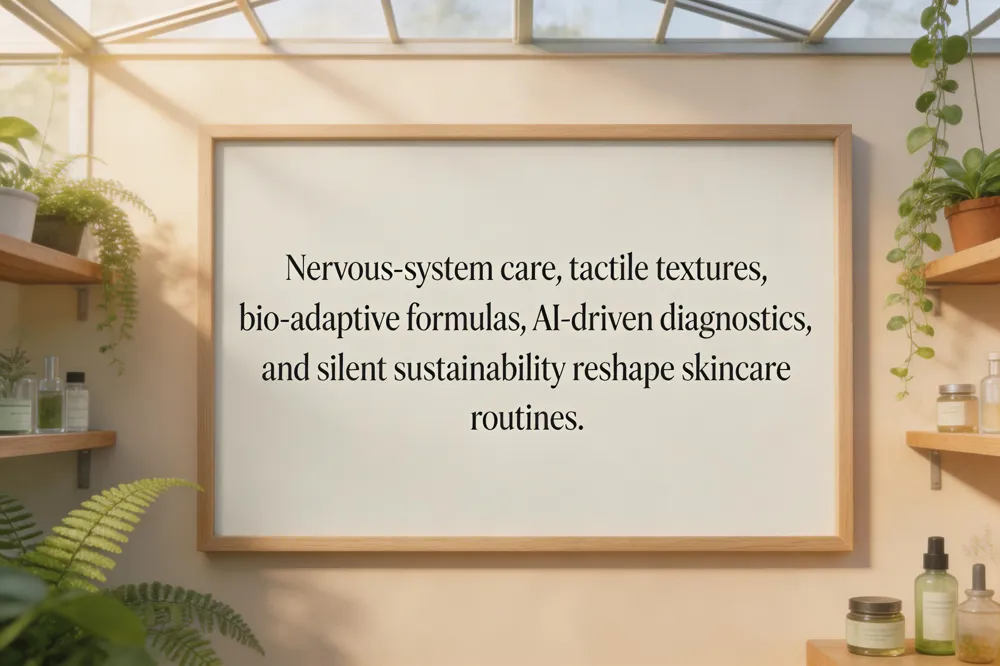 Nervous‑system care, tactile textures, bio‑adaptive formulas, AI‑driven diagnostics, and silent sustainability reshape skincare routines.