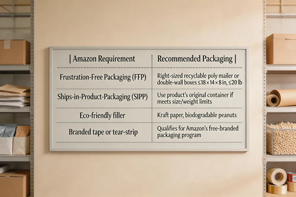 | Amazon Requirement | Recommended Packaging |
|--------------------|-----------------------|
| Frustration‑Free Packaging (FFP) | Right‑sized recyclable poly mailers or double‑wall boxes ≤ 18 × 14 × 8 in, ≤ 20 lb |
| Ships‑in‑Product‑Packaging (SIPP) | Use product’s original container if meets size/weight limits |
| Eco‑friendly filler | Kraft paper, biodegradable peanuts |
| Branded tape or tear‑strip | Qualifies for Amazon’s free‑branded packaging program |
