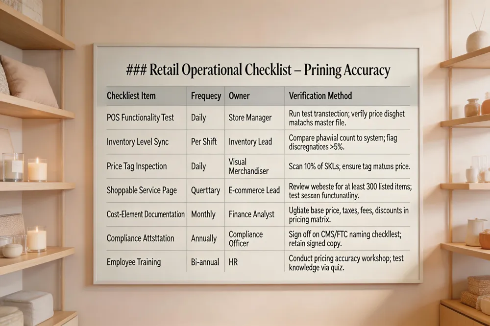 ### Retail Operational Checklist – Pricing Accuracy
| Checklist Item | Frequency | Owner | Verification Method |
|---|---|---|---|
| POS Functionality Test | Daily | Store Manager | Run test transaction; verify price display matches master file. |
| Inventory Level Sync | Per Shift | Inventory Lead | Compare physical count to system; flag discrepancies >5%. |
| Price Tag Inspection | Daily | Visual Merchandiser | Scan 10% of SKUs; ensure tag matches system price. |
| Shoppable Service Page | Quarterly | E‑commerce Lead | Review website for at least 300 listed items; test search functionality. |
| Cost‑Element Documentation | Monthly | Finance Analyst | Update base price, taxes, fees, discounts in pricing matrix. |
| Compliance Attestation | Annually | Compliance Officer | Sign off on CMS/FTC naming checklist; retain signed copy. |
| Employee Training | Bi‑annual | HR | Conduct pricing accuracy workshop; test knowledge via quiz. |
