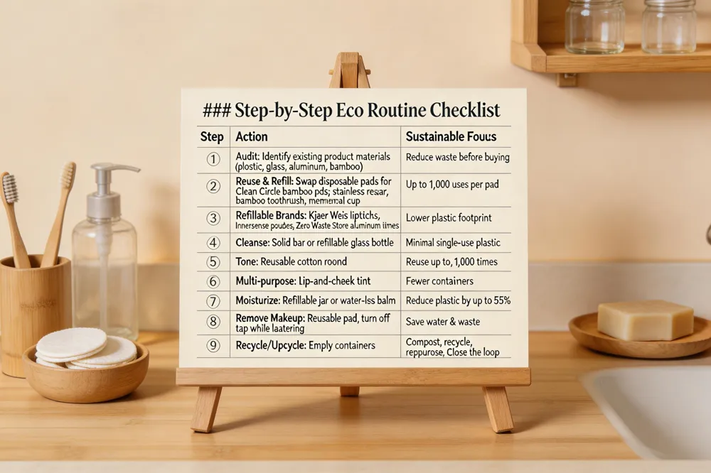 ### Step‑by‑Step Eco Routine Checklist
| Step | Action | Sustainable Focus |
|------|--------|-------------------|
| 1️⃣ Audit | Identify material of existing products (plastic, glass, aluminum, bamboo) | Reduce waste before buying |
| 2️⃣ Reuse &amp; Refill | Swap disposable pads for Clean Circle bamboo pads; use stainless‑steel razor, bamboo toothbrush, menstrual cup | Up to 1,000 uses per pad |
| 3️⃣ Refillable Brands | Kjaer Weis lipsticks, Innersense pouches, Zero Waste Store aluminum items | Lower plastic footprint |
| 4️⃣ Cleanse | Solid bar or refillable glass bottle | Minimal single‑use plastic |
| 5️⃣ Tone | Reusable cotton round | Reuse up to 1,000 times |
| 6️⃣ Multi‑purpose | Lip‑and‑cheek tint | Fewer containers |
| 7️⃣ Moisturize | Refillable jar or water‑less balm | Reduce plastic by up to 55 % |
| 8️⃣ Remove Makeup | Reusable pad, turn off tap while lathering | Save water &amp; waste |
| 9️⃣ Recycle/Upcycle | Empty containers | Compost, recycle, or repurpose | Close the loop |
