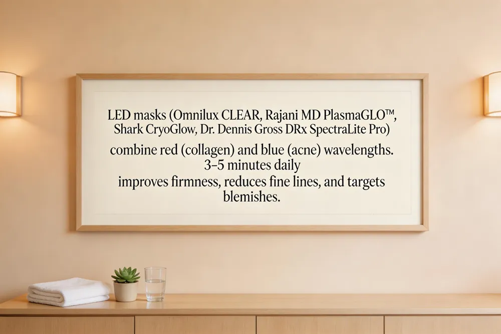 LED masks (Omnilux CLEAR, Rajani MD PlasmaGLO™, Shark CryoGlow, Dr. Dennis Gross DRx SpectraLite Pro) combine red (collagen) and blue (acne) wavelengths. 3‑5 minutes daily improves firmness, reduces fine lines, and targets blemishes.