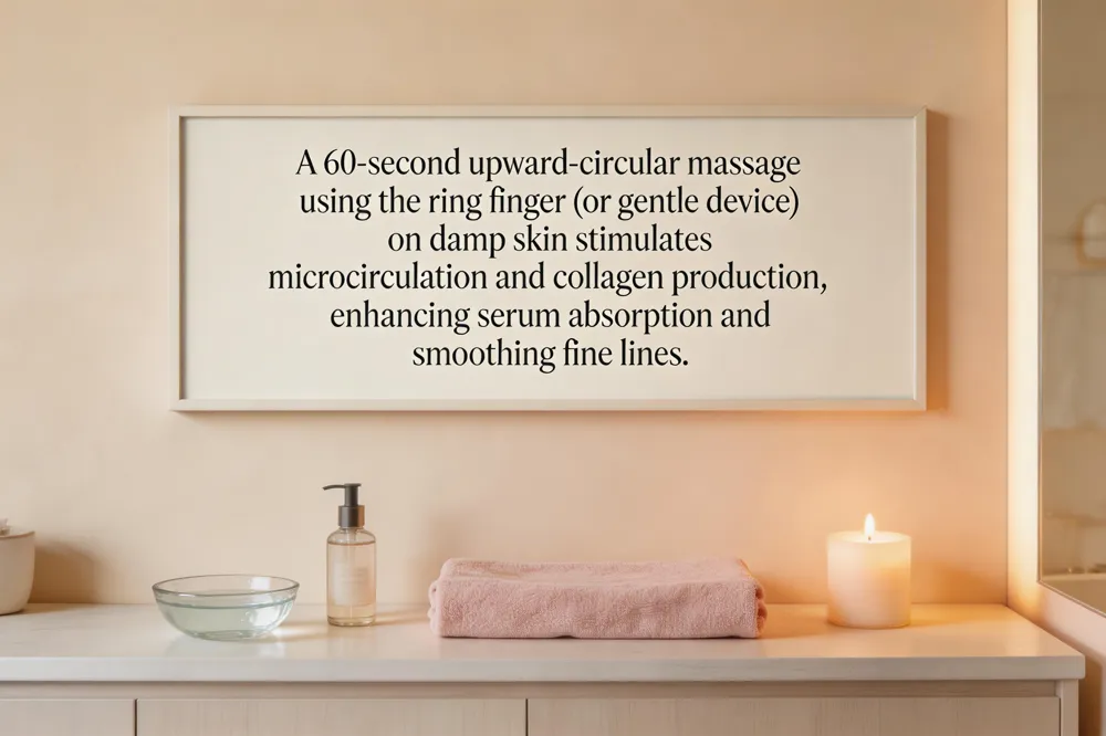 A 60‑second upward‑circular massage using the ring finger (or gentle device) on damp skin stimulates microcirculation and collagen production, enhancing serum absorption and smoothing fine lines.